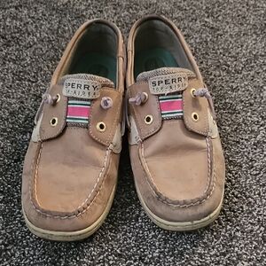 Sperry Women's Tan Boat Shoes With Pink and Green Sz 9.5